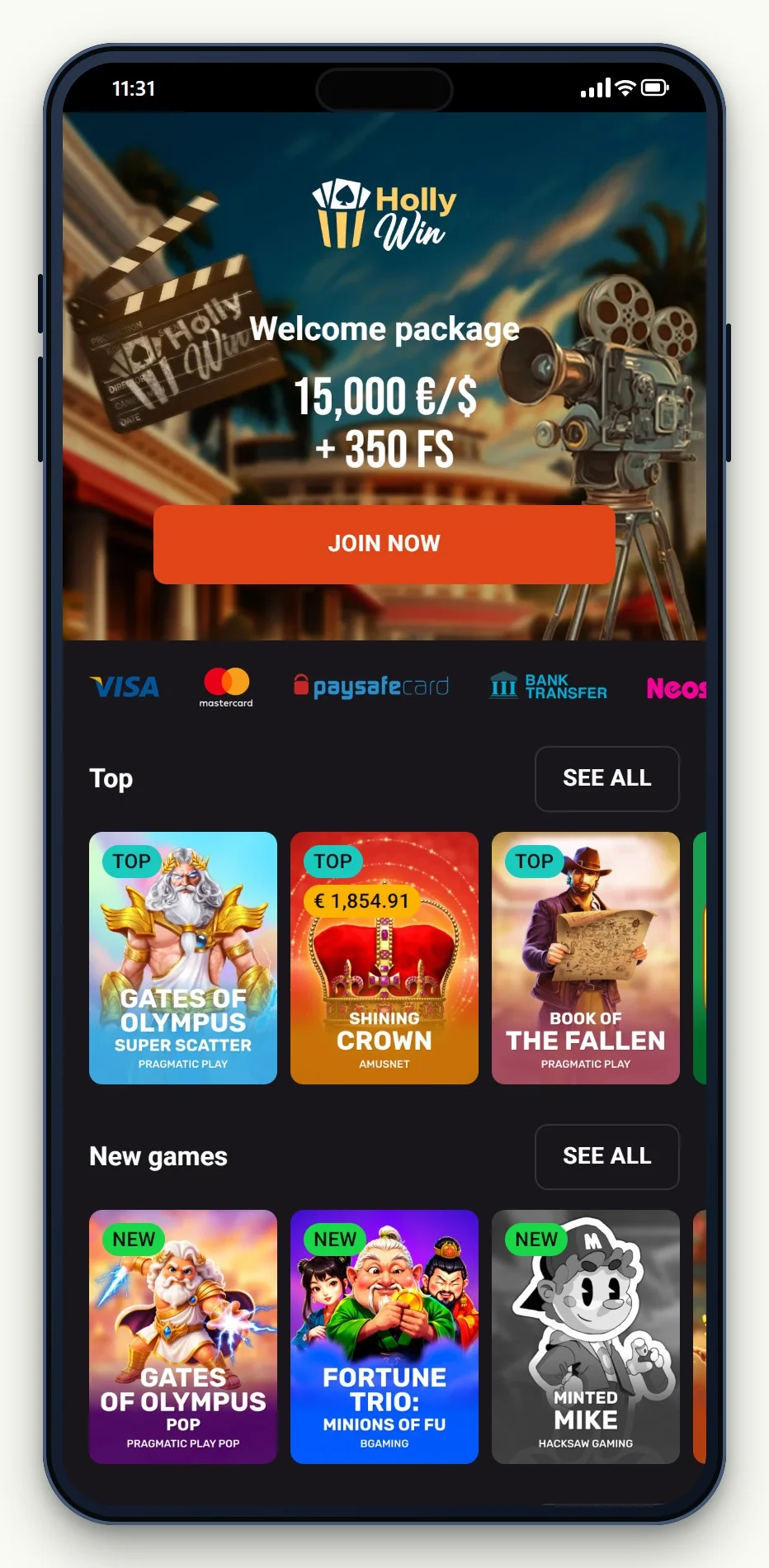 muchbetter online casino: de lobby van Hollywin