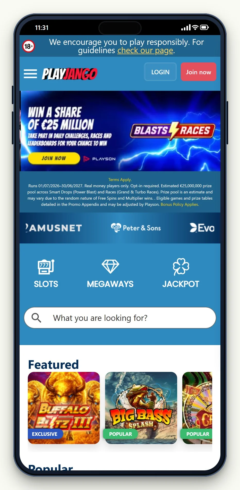muchbetter casinos: de homepage van casino Play Jango