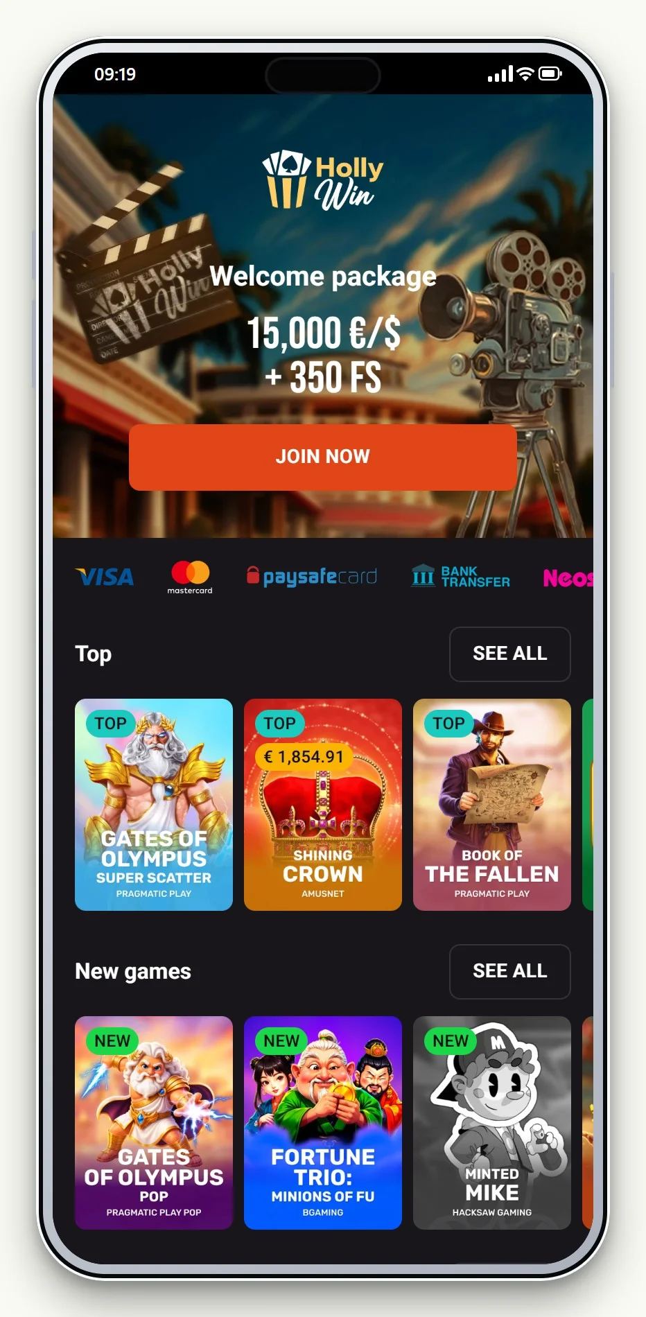 MuchBetter casinoer: lobbyen hos Hollywin
