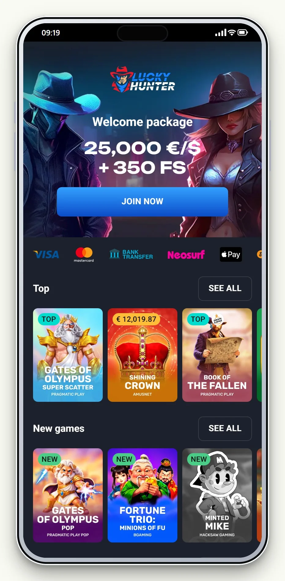 casino med MuchBetter: forsiden på casinoet LuckyHunter