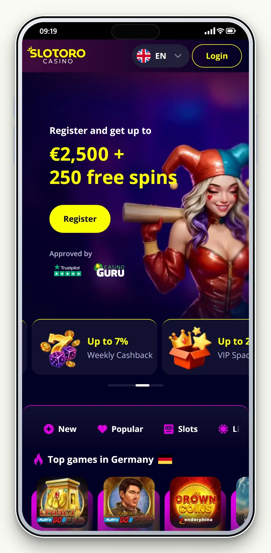MuchBetter casino: forsiden på casinoet Slotoro