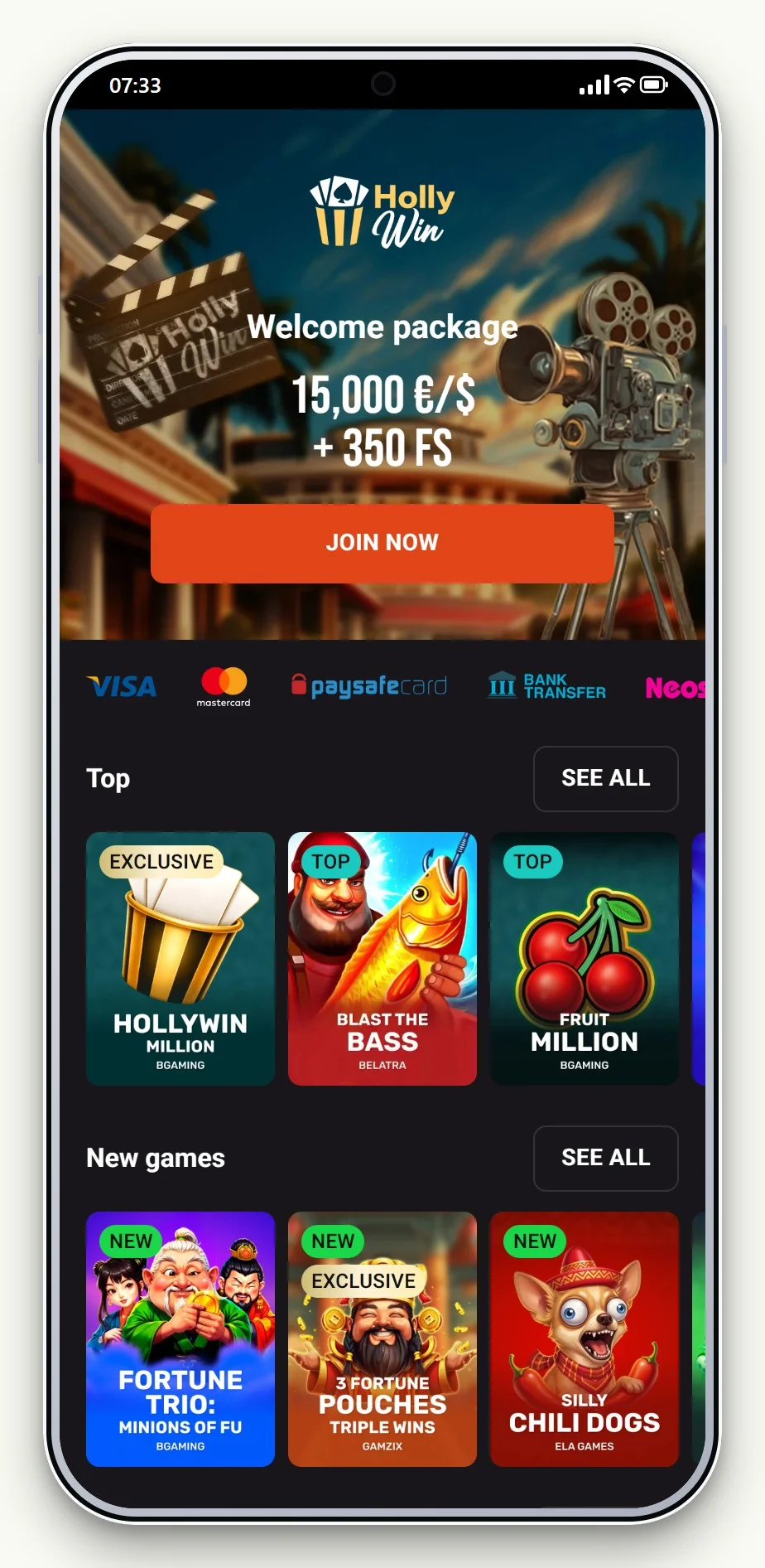 casinos que aceptan MuchBetter: el lobby de Hollywin