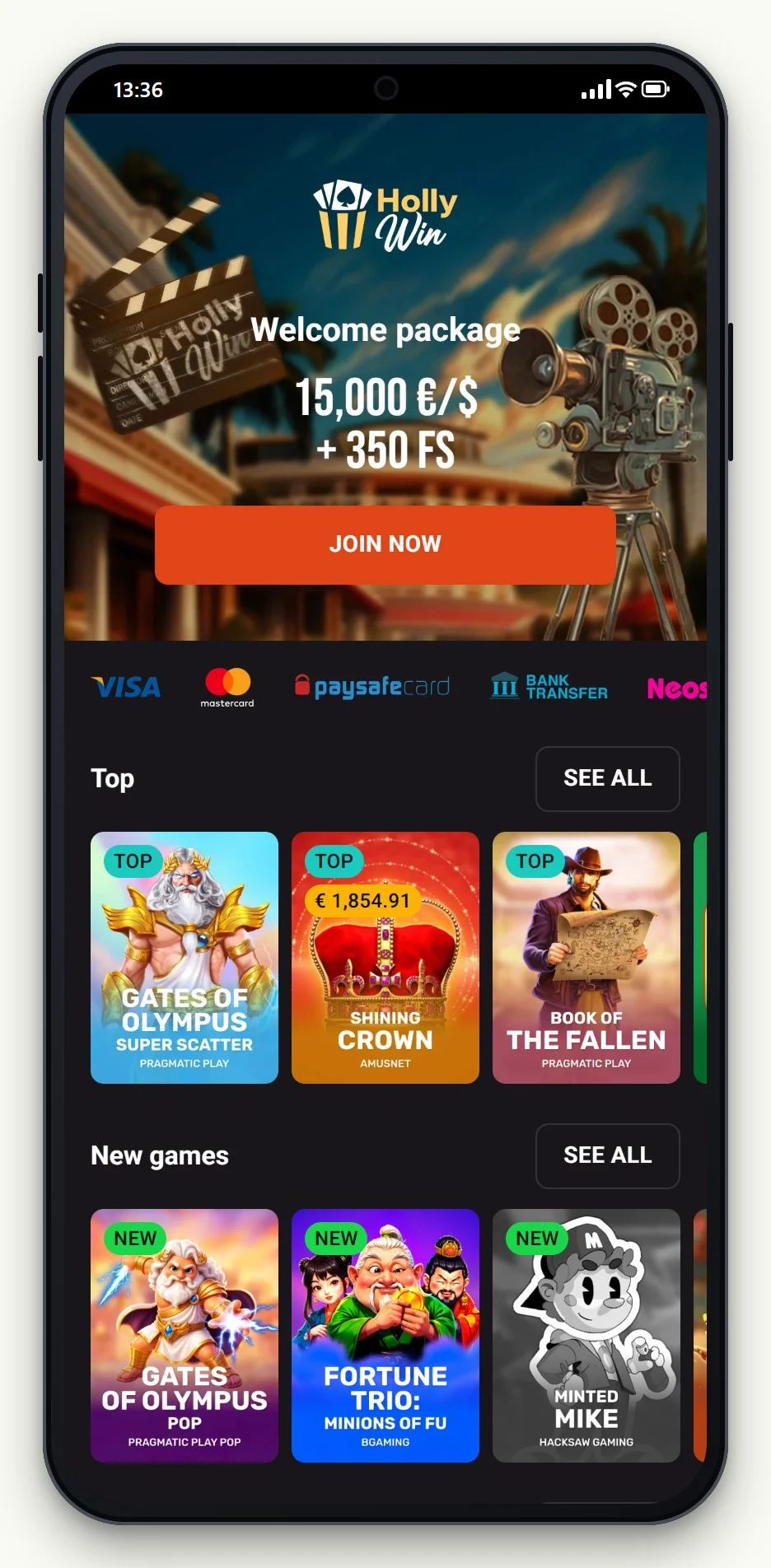 casino MuchBetter: l'accueil de Hollywin