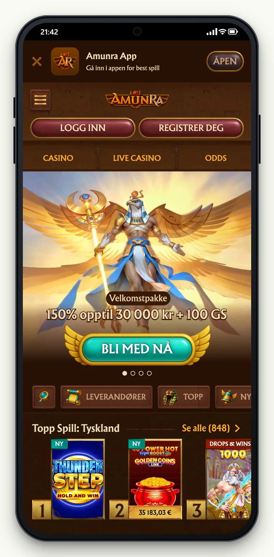 muchbetter casino: forsiden til casinoet AmunRa