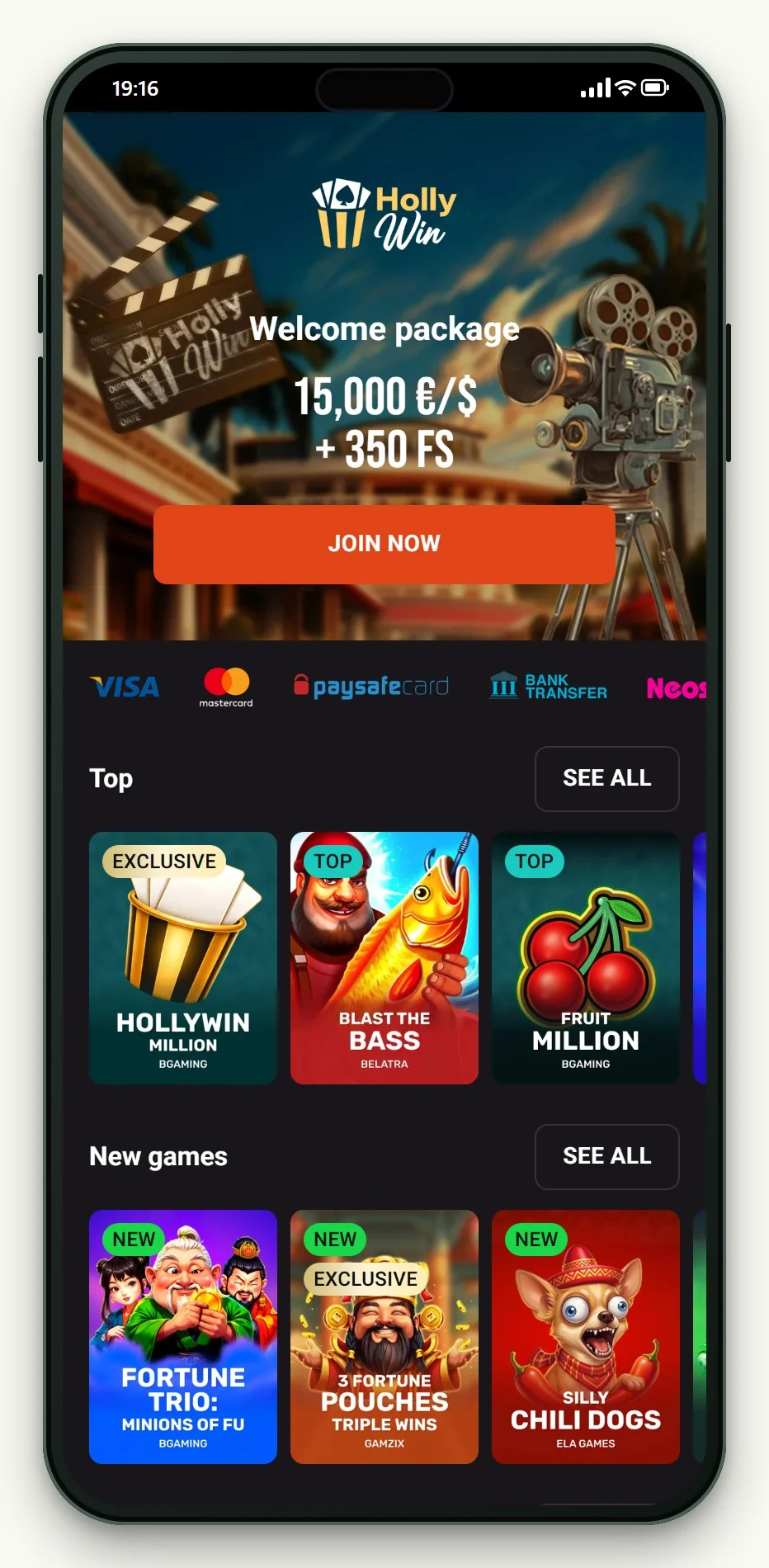 best MuchBetter casinos: the Hollywin homepage