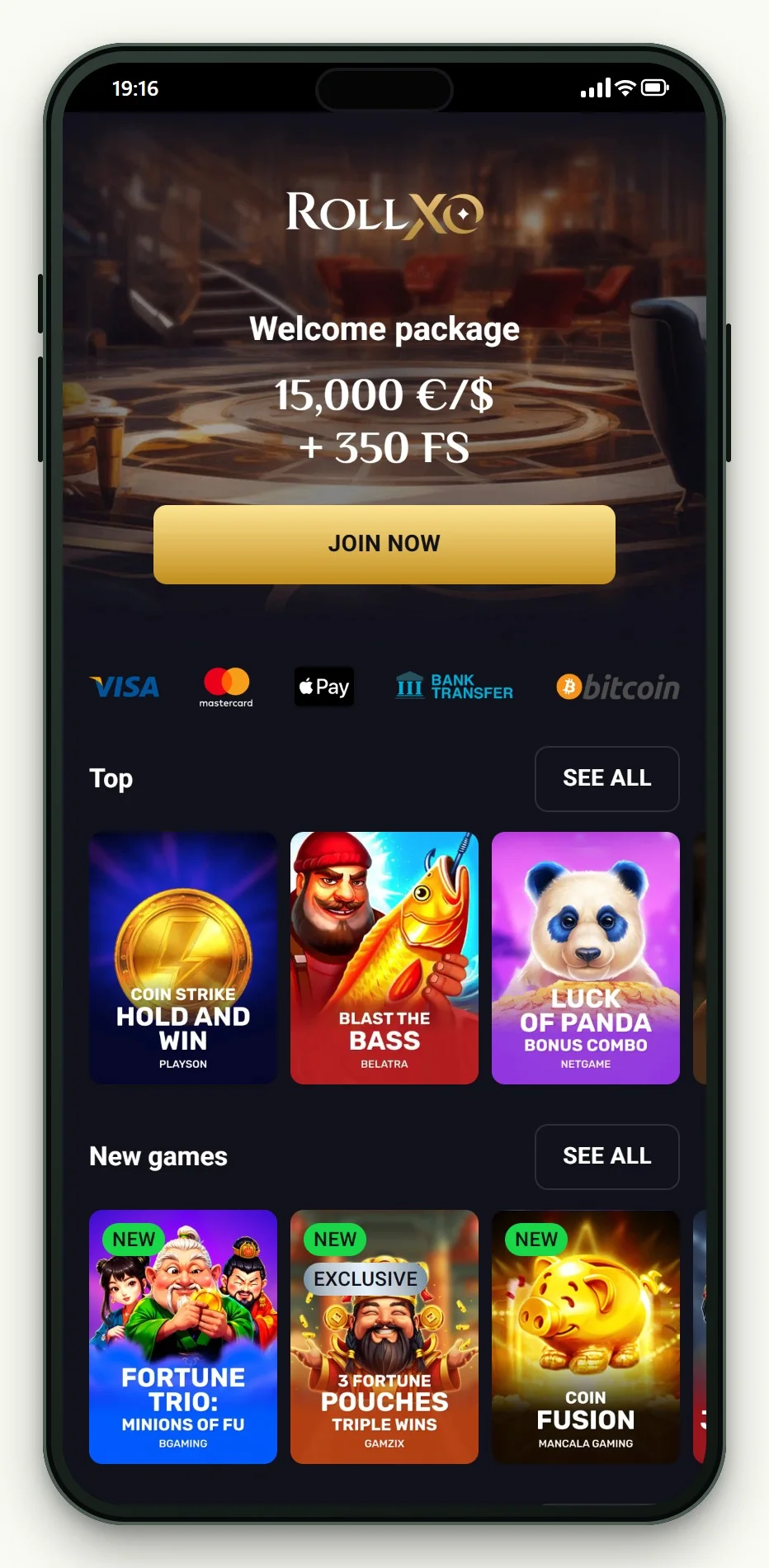 MuchBetter casinos UK: the RollXO casino lobby